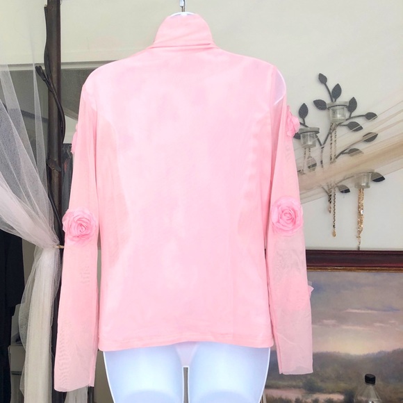 🎉New 24’Spring Summer 3-D Pink Solid Flower Stretch Mesh Turtleneck Top - Picture 3 of 10